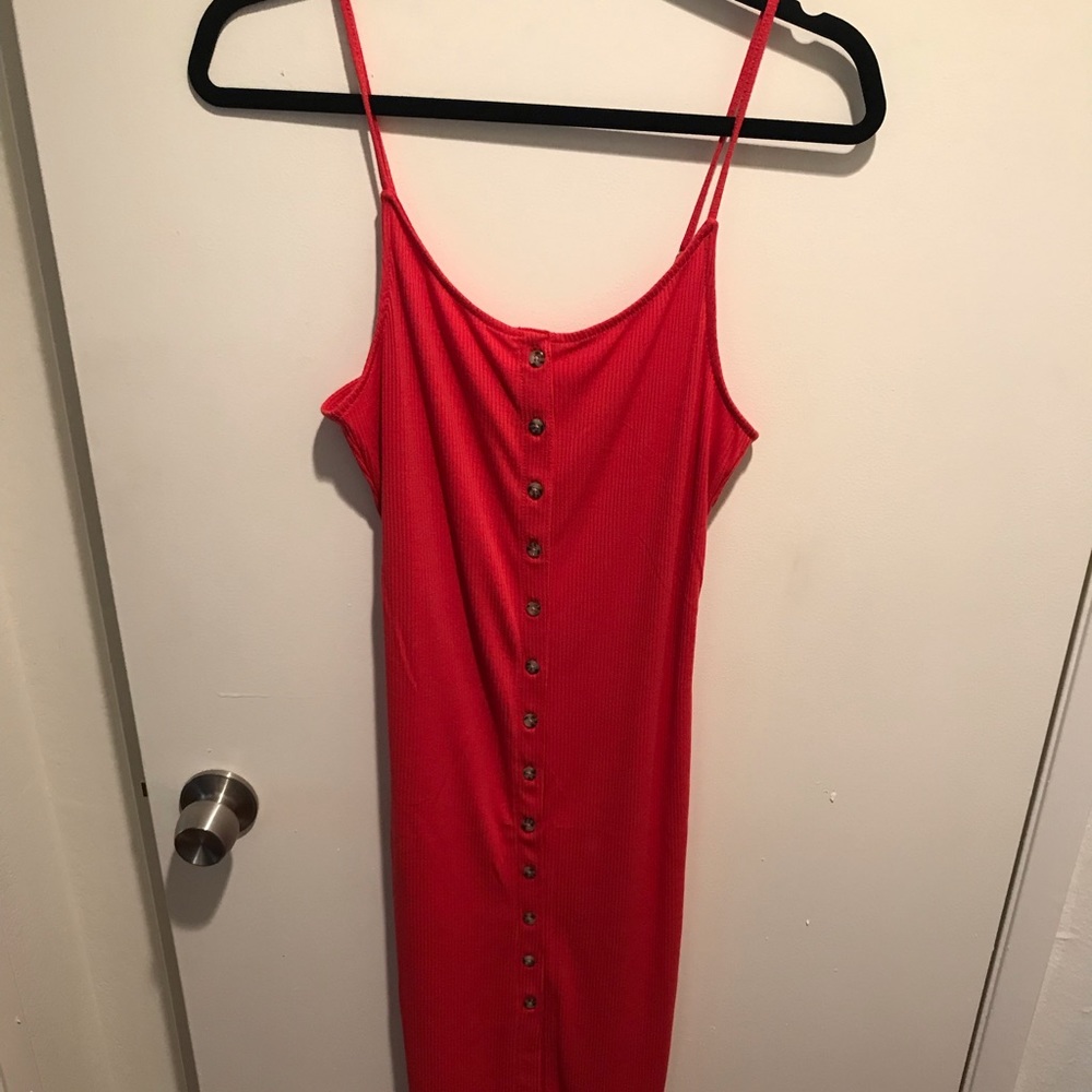 SALE Orange Button-front Ribbed Midi Dress - Picture 2 of 4